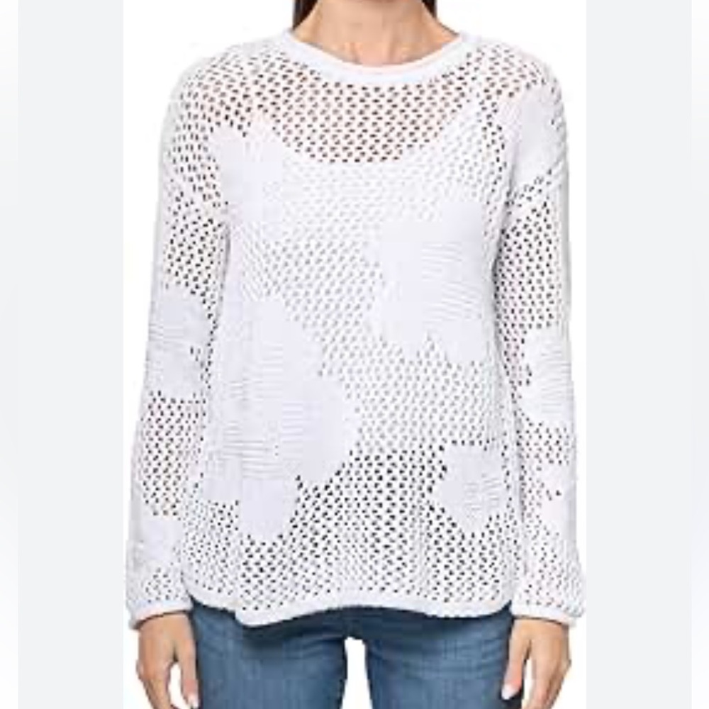 Nic+ Zoe White Cotton Crochet Women's Sweater, Open Knit Floral Design, Sz L